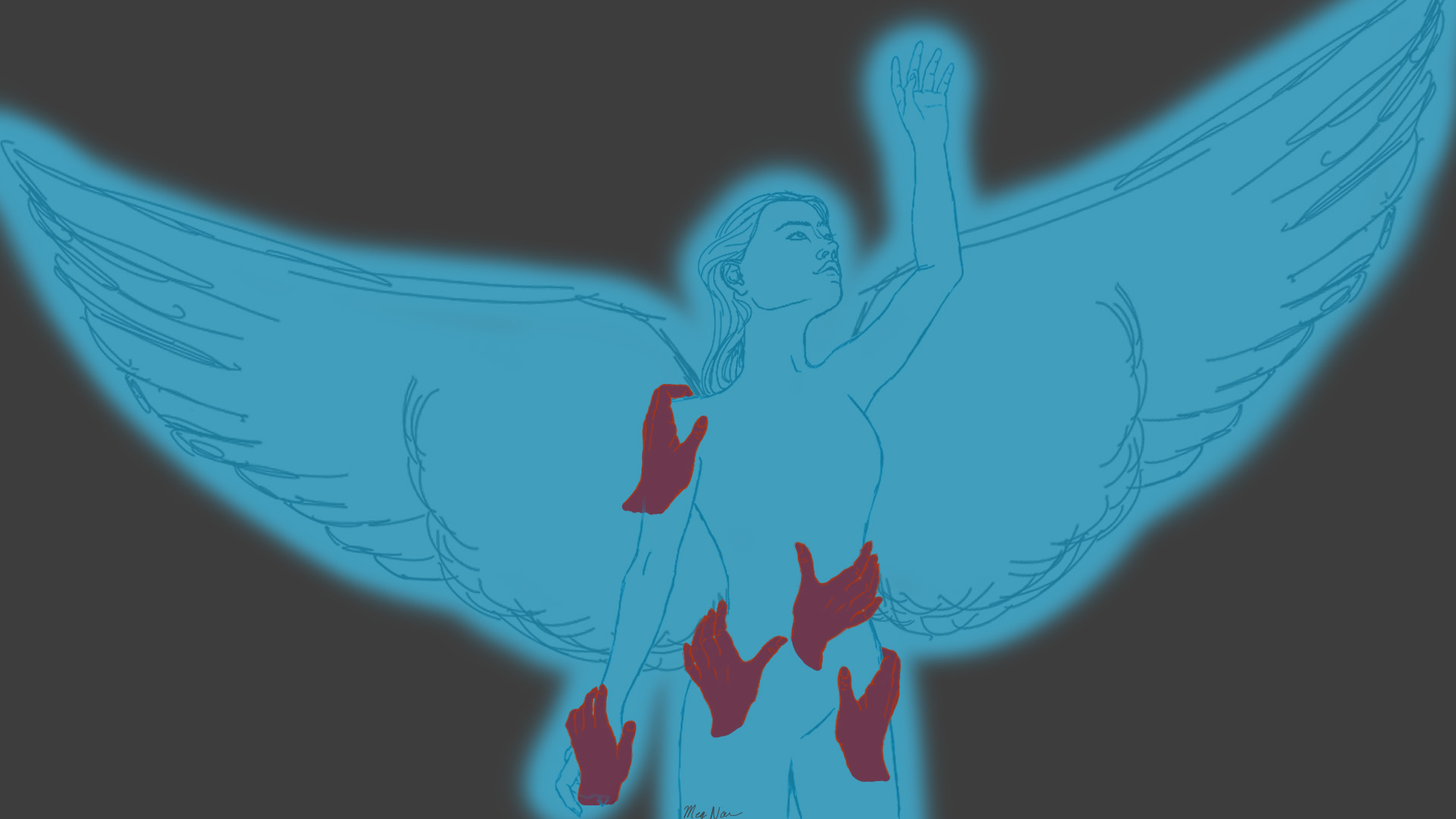 A drawing of a blue angel with five red hands gripping their body