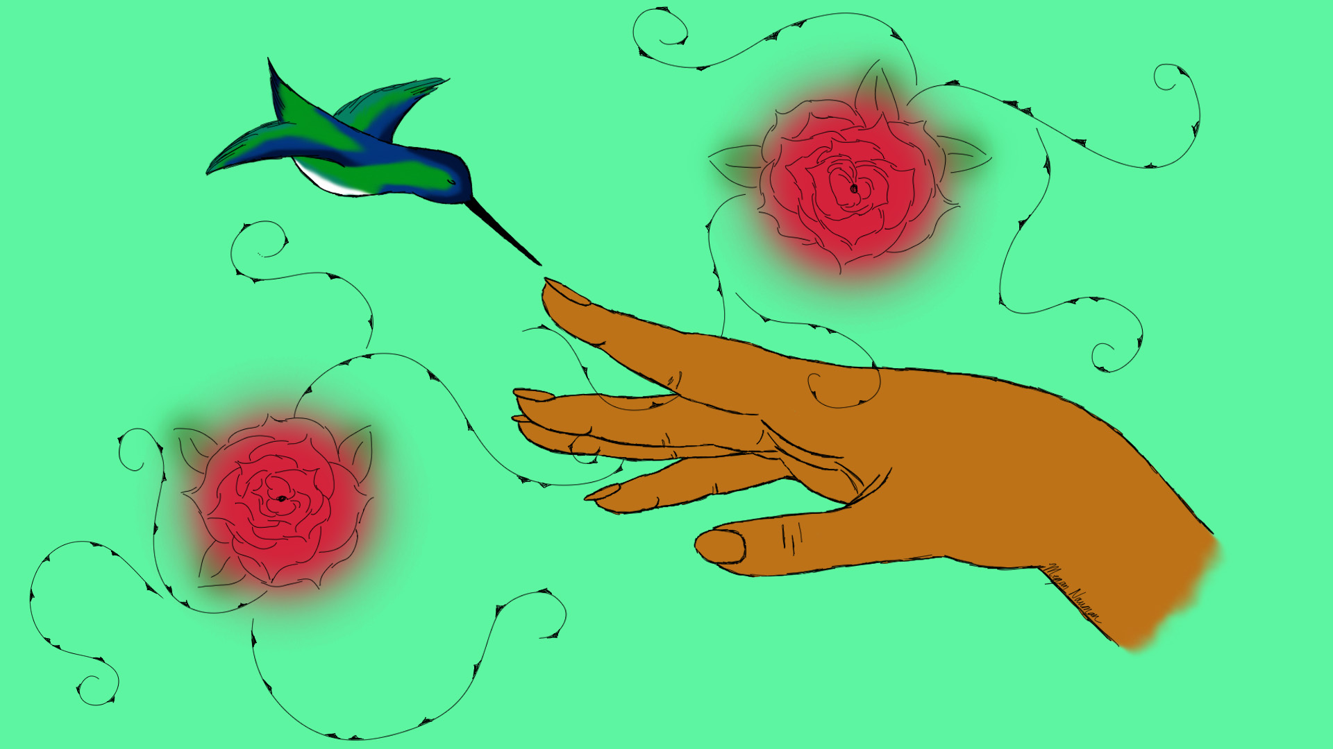 A digital drawing on a green background of a Brown hand holding out a finger to a hummingbird. Two roses surround them.,