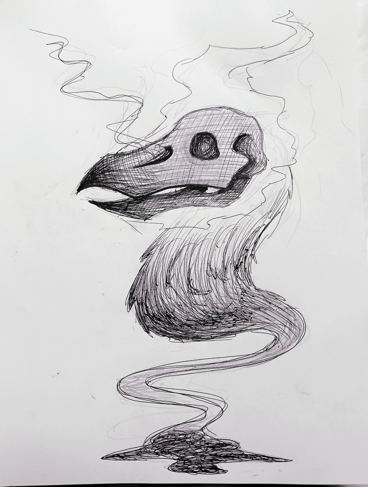 a pen and ink drawing of a pile of ash, a small column of smoke rises from it to form the shape of a bird-like skull and plumage