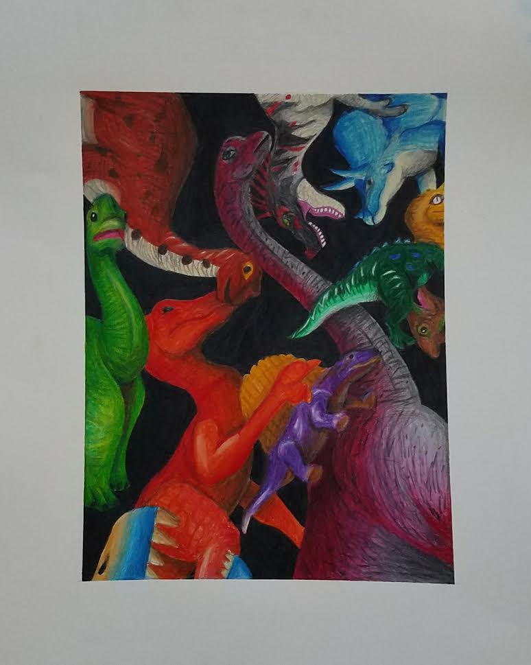 A colored pencil drawing of 11 dinosaurs on a black background, each a different species and color, from various angles, some cut off and some the whole body. Their vibrant colors of blue, red, yellow, green, and purple appear like toys.