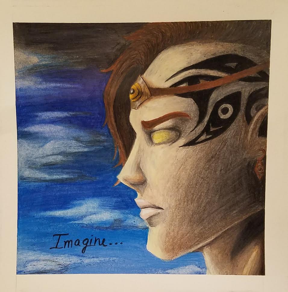 A colored pencil drawing of the side profile of a face. A black tribal-like tattoo that looks like three eyes runs along the side of their face, with a short, mohawk-like style of hair on the top. A cloudy blue sky is behind them. One word in cursive black script reads "Imagine."