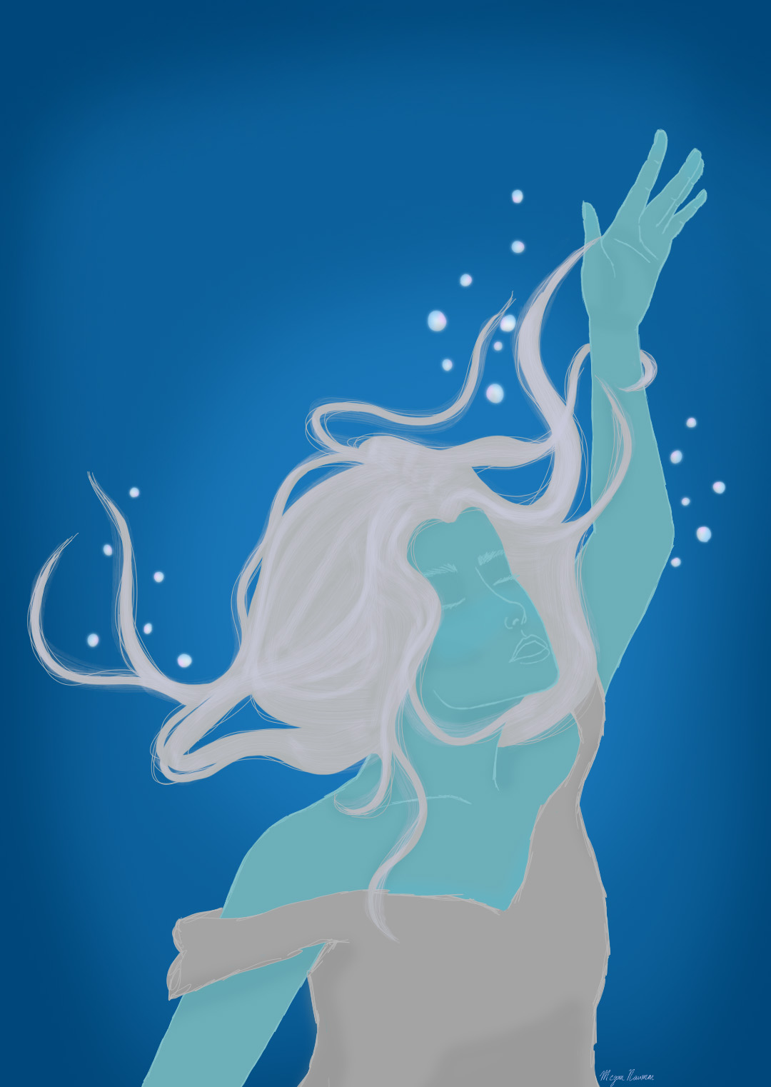 A digital painting of a woman with turquoise skin and white hair against a royal blue background. She is wearing an off the shoulder top with her left hand reaching above her head. Her long hair floats around her head as if she is in water.
