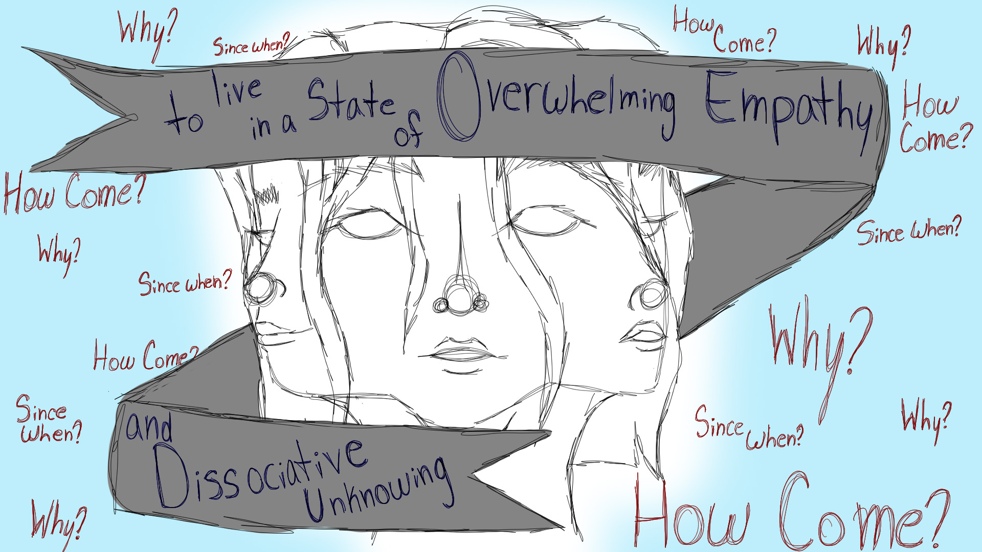 A drawing of a three-faced head with a gray banner wrapped around them saying "to live in a State of Overwhelming Empathy and Dissociative Unknowing" with red words surrounding them saying "why?" "how come?" "since when?" over and over