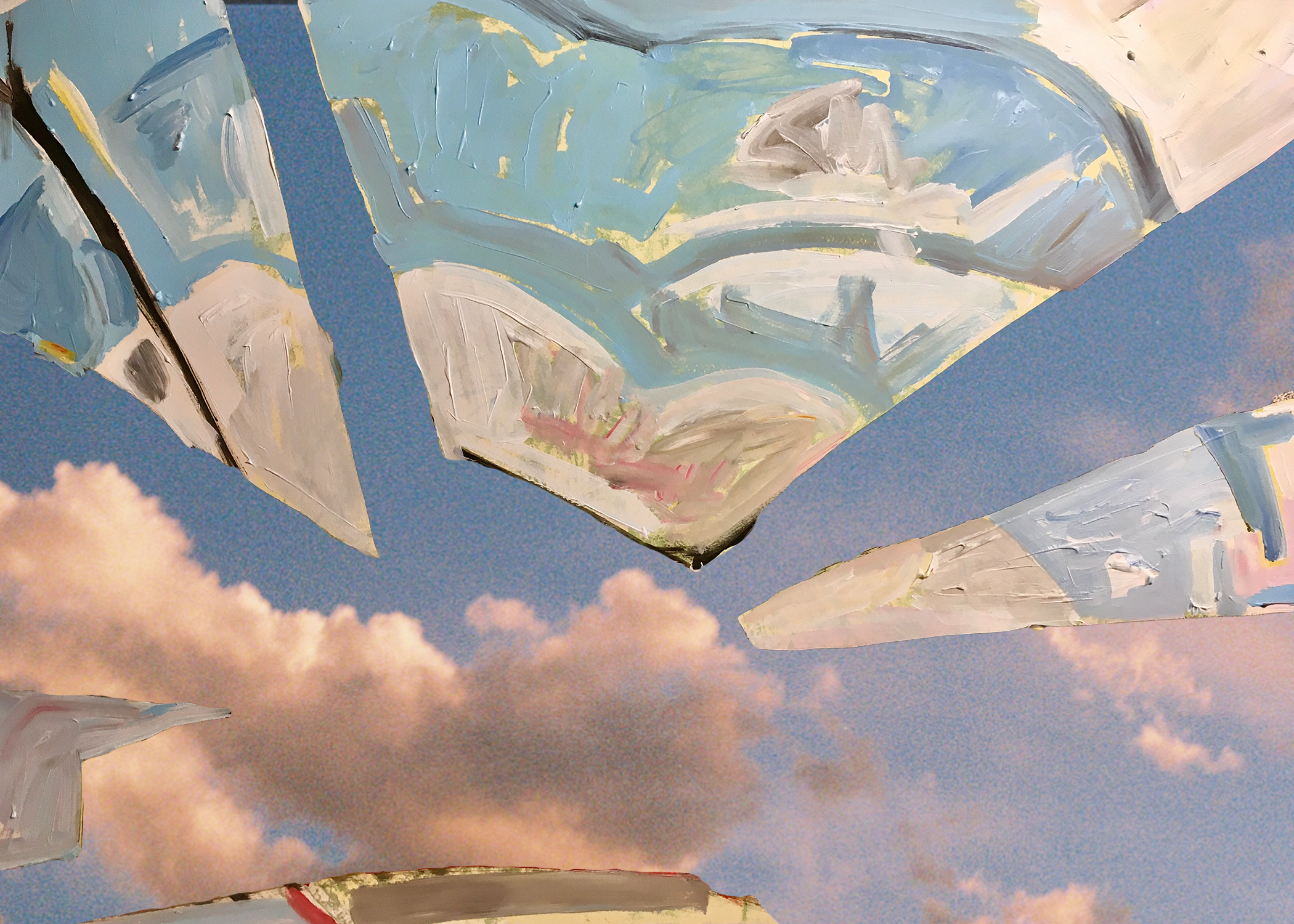 A photograph of pink and white clouds with odd, uneven and sharply shaped geometric shapes overlayed with abstract paint strokes of blue, white, and pink